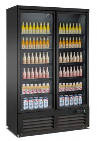 Congélateur vertical de supermarché 2 portes en verre -22°C / -18 °C couleur noir - 900L Congélateur vertical de supermarché 2 portes en verre -22°C / -18 °C couleur noir - 900L