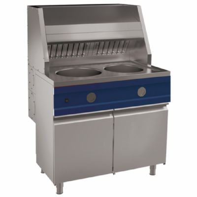 Friteuse professionnelle à gaz de 2x 13 litres sur meuble avec portes Friteuse professionnelle à gaz de 2x 13 litres sur meuble avec portes