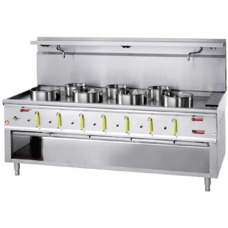 Fourneau wok gaz 7 brûleurs avec rideau d'eau Fourneau wok gaz 7 brûleurs avec rideau d'eau
