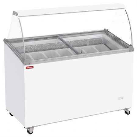 Conservateur comptoir à glaces 381 litres couvercles coulissants sur roulettes avec vitres bombées 7 bacs Conservateur comptoir à glaces 381 litres couvercles coulissants sur roulettes avec vitres bombées 7 bacs