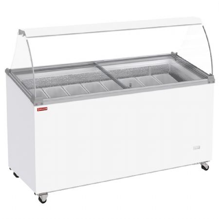 Conservateur comptoir à glaces 467 litres couvercles coulissants sur roulettes avec vitres bombées 8 bacs Conservateur comptoir à glaces 467 litres couvercles coulissants sur roulettes avec vitres bombées 8 bacs