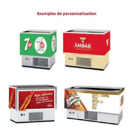 Refroidisseur à bouteilles et cannettes logotypé blanc tropicalisé 1 porte avec dessus inox et fond plat - 130L Refroidisseur à bouteilles et cannettes logotypé blanc tropicalisé 1 porte avec dessus inox et fond plat - 130L