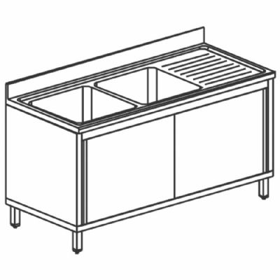 Évier inox 2 bacs avec égouttoir à droite portes coulissantes 1800x700 mm Évier inox 2 bacs avec égouttoir à droite portes coulissantes 1800x700 mm