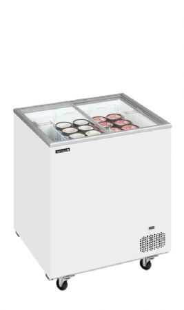 Congélateur bahut 155L avec 2 couvercles coulissants vitrés et plats Congélateur bahut 155L avec 2 couvercles coulissants vitrés et plats