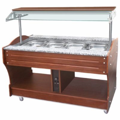 Buffet bain-marie central en inox avec 4 bacs GN 1/1 h150 mm température jusqu’à 90°C Buffet bain-marie central en inox avec 4 bacs GN 1/1 h150 mm température jusqu’à 90°C