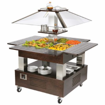 Buffet bain-marie central en inox avec 4 bacs GN 1/1 h150 et température jusqu’à 90°C Buffet bain-marie central en inox avec 4 bacs GN 1/1 h150 et température jusqu’à 90°C