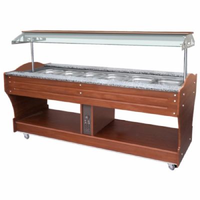 Buffet bain-marie central inox monophasé - avec 6 récipients GN 1/1 h150 mm température +90°C puissance 4,5 kW Buffet bain-marie central inox monophasé - avec 6 récipients GN 1/1 h150 mm température +90°C puissance 4,5 kW