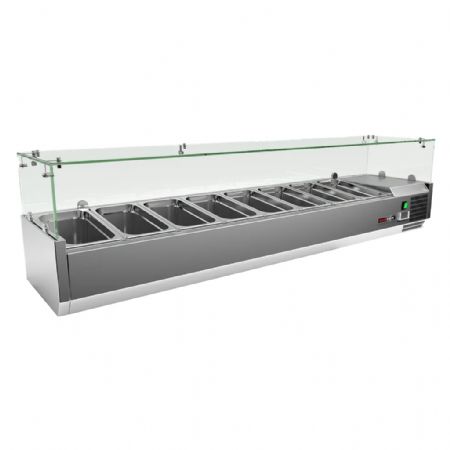 Saladette à poser vitrée en acier inoxydable pour 8 bacs GN 1/3 de +2° à +8° Saladette à poser vitrée en acier inoxydable pour 8 bacs GN 1/3 de +2° à +8°