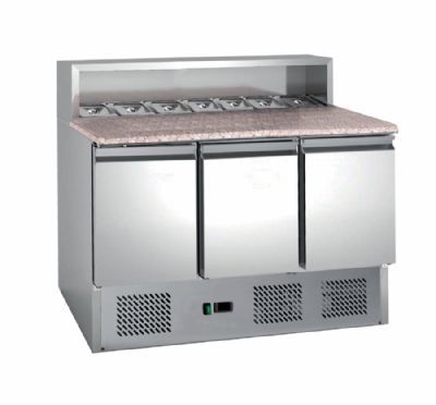 Meuble à pizza positif 3 portes avec saladette 8 bacs GN1/6 au dessus - 400 litres Meuble à pizza positif 3 portes avec saladette 8 bacs GN1/6 au dessus - 400 litres