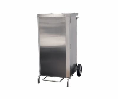 Poubelle porte sacs mobile carene inox a ouverture frontale pour sac de 70L 2 roues 150mm diametre Poubelle porte sacs mobile carene inox a ouverture frontale pour sac de 70L 2 roues 150mm diametre