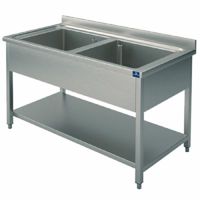 Évier inox 2 bacs sur piètement avec tablette basse 1000x600 mm Évier inox 2 bacs sur piètement avec tablette basse 1000x600 mm