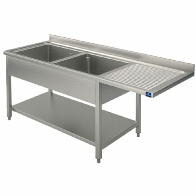 Évier inox sur piètement avec tablette basse 2 bacs à gauche 1800x700 mm Évier inox sur piètement avec tablette basse 2 bacs à gauche 1800x700 mm
