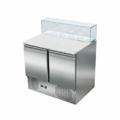 Saladette réfrigérée 2 portes avec plan de travail granit et vitre verre +2/ +8°C cap 5xGN1/6 - 176L Saladette réfrigérée 2 portes avec plan de travail granit et vitre verre +2/ +8°C cap 5xGN1/6 - 176L