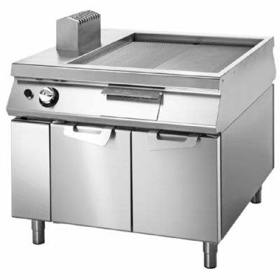 Plancha gaz sur table avec portes et surface chromée lisse 2/3 striée 1/3 900x735 mm puissance 14 kW Plancha gaz sur table avec portes et surface chromée lisse 2/3 striée 1/3 900x735 mm puissance 14 kW