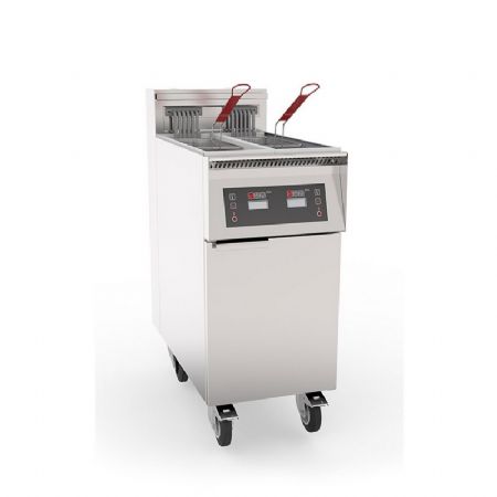 Friteuse électrique haut rendement p800mm avec thermostat électronique et filtration double cuve sur coffre 17kW - 2x11L Friteuse électrique haut rendement p800mm avec thermostat électronique et filtration double cuve sur coffre 17kW - 2x11L