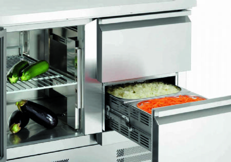 Mini meuble rfrigr inox GN 1/1 avec 1 porte pleine et 2 tiroirs - 900x700x880 mm