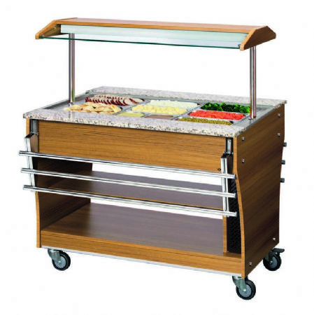 Chariot buffet chauffant en bois et granit avec 1 cuve et 3 bacs GN 1/1 - 1200x880x1370 mm