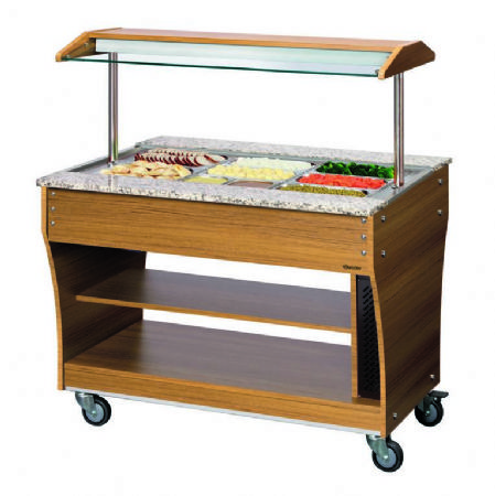 Chariot buffet chauffant en bois et granit avec 1 cuve et 3 bacs GN 1/1 - 1200x880x1370 mm