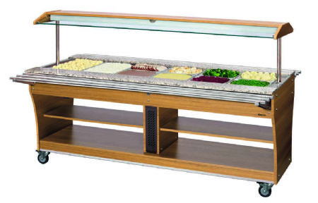 Chariot buffet chauffant en bois et granit avec 2 cuves et 6 bacs GN 1/1 - 2150x880x1370 mm