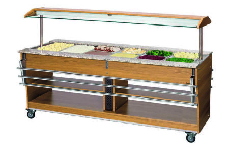 Chariot buffet chauffant en bois et granit avec 2 cuves et 6 bacs GN 1/1 - 2150x880x1370 mm