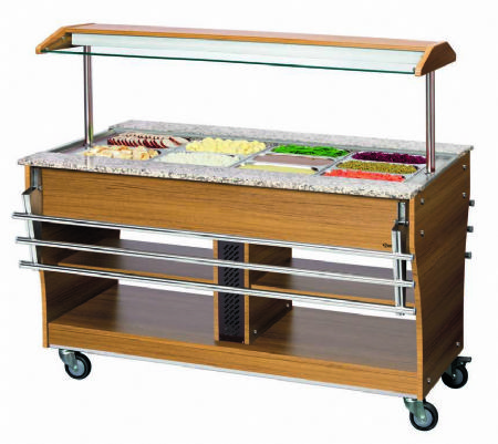 Chariot buffet chauffant en bois et granit avec 1 cuve et 4 bacs GN 1/1 - 1490x880x1370 mm