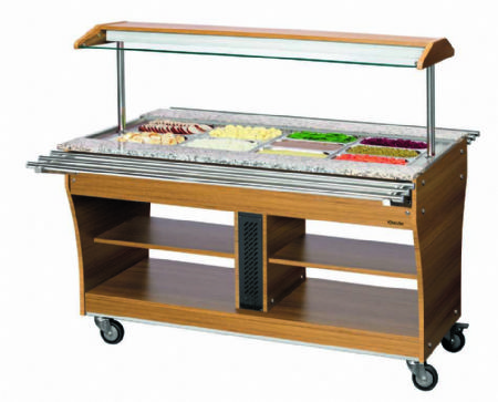 Chariot buffet chauffant en bois et granit avec 1 cuve et 4 bacs GN 1/1 - 1490x880x1370 mm