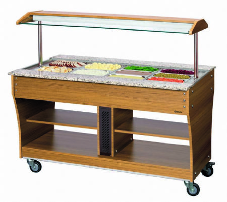 Chariot buffet chauffant en bois et granit avec 1 cuve et 4 bacs GN 1/1 - 1490x880x1370 mm