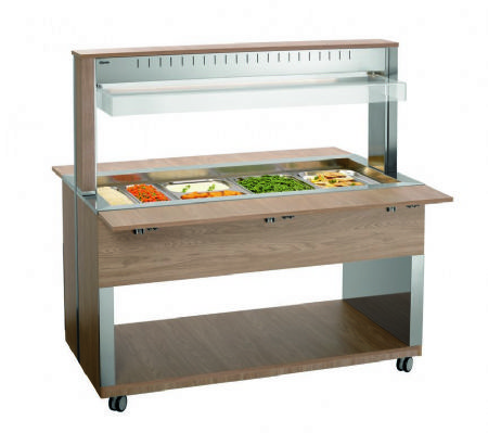 Chariot buffet chauffant en bois avec 4 bacs GN 1/1 - 1495x1250x1520 mm