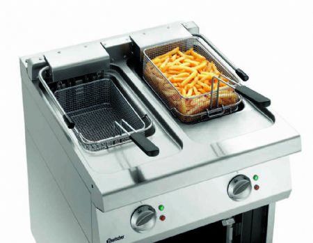 Friteuse professionnelle triphase 2 cuves de 11 itres sur coffre ouvert - 600x700x850 mm