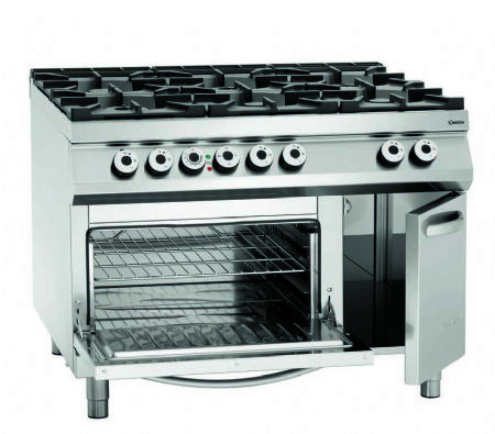 Fourneau gaz professionnel 6 brleurs sur four triphas et coffre ferm - 1200x900x900 mm