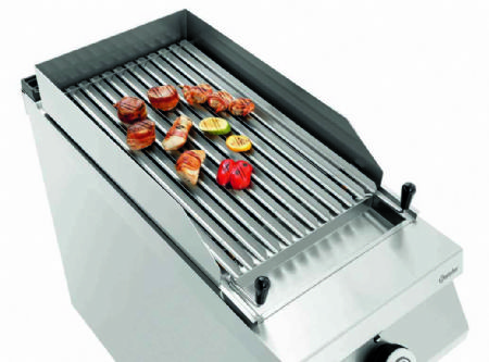 Grill pierre de lave  gaz de restauration 1 zone 350x505 mm sur coffre ouvert - 400x900x900 mm