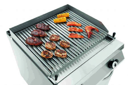 Grill pierre de lave  gaz de restauration 2 zones 750x505 mm sur coffre ouvert - 800x900x900 mm