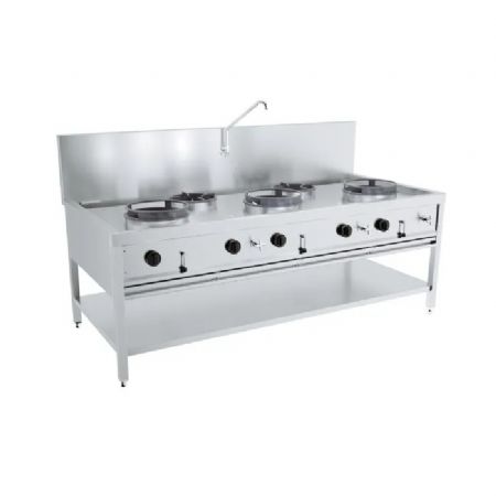 Fourneau wok professionnel  gaz en inox avec 5 feux - 3x 17kW + 2x 9kW