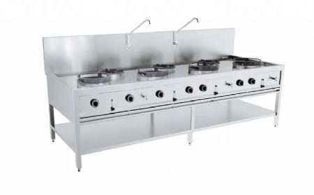 Fourneau wok professionnel  gaz en inox avec 7 feux - 4X17 kW + 3X9 kW