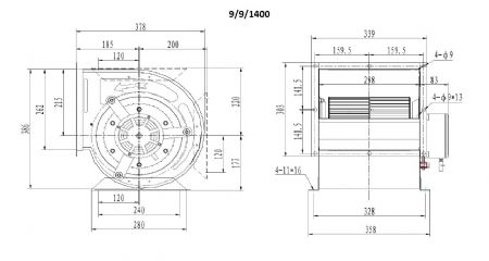 Moteur escargot pro pour hottes type 9/9/1400 pour hottes 255x380x387