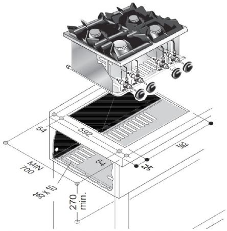 Cuisiniere professionnelle  gaz 4 bruleurs 18kw 600x600x270