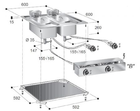 Friteuse professionnelle electrique 2x10l 11kw 600x600x356