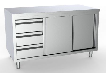 700 table de travail inox  portes coulissantes tiroirs  gauche largeur  1400 1400x700x850