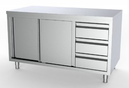 700 table de travail inox  portes coulissantes tiroirs  droite  1400 1400x700x850