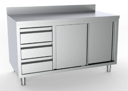 700 table de travail inox  portes coulissantes tiroirs  gauche  avec dosseret largeur  1400 1400x700x850