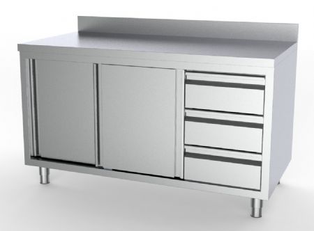 700 table de travail inox  portes coulissantes tiroirs  droite  avec dosseret largeur  1400 1400x700x850