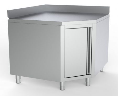 Meuble bas inox angulaire avec porte et avec dosseret 1000/1000 pour tables 600mm 1000x600x850