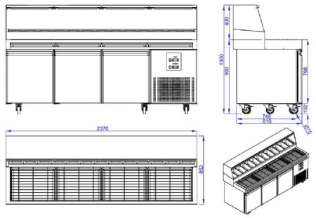 Table a pizza professionnelle  3 portes 13x 1/3gn  2370x850x1360