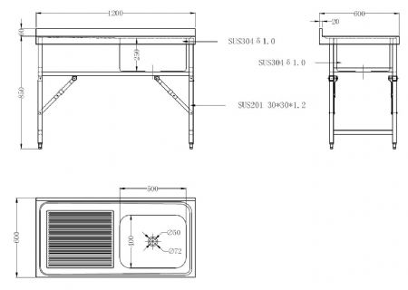 600 plonge pro avec  tagre pliante largeur 1200 1 bac 1200x600x910