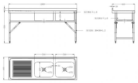 600 plonge pro avec  tagre pliante largeur 1800 2 bacs 1800x600x910