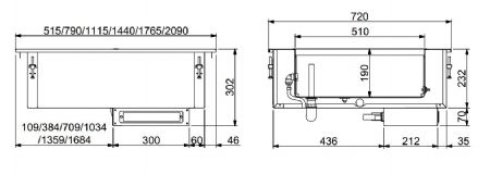 Bain marie professionnel encastrable gn 2/1 - remplissage deau automatique 790x720x302