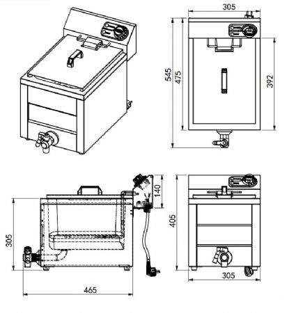 Friteuse professionnelle a poser electrique 1x8l 3kw 305x545x305