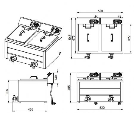 Friteuse professionnelle a poser electrique 2x8l 2x3kw 620x545x305