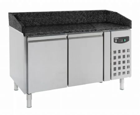 Meuble  pizza professionnel en inox avec 2 portes et plan en granit noir +2/+8