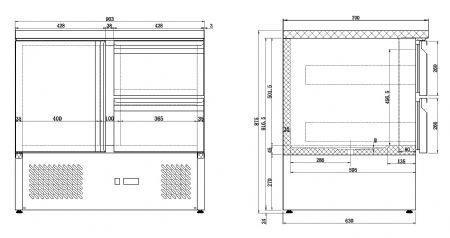 Table rfrigre professionnelle 1 porte/2 tiroirs 900x700x875